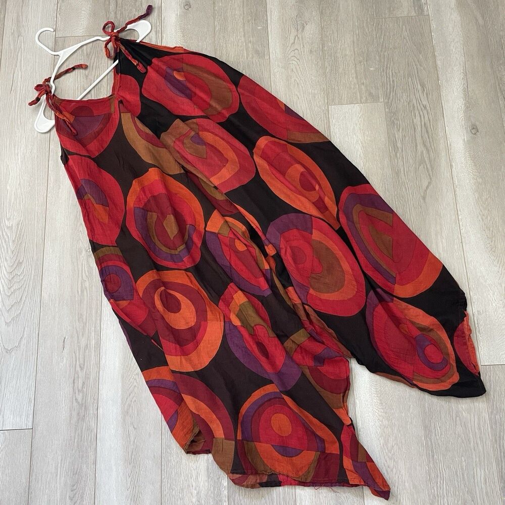 Printed Artsy Jumpsuit colorful sleeveless harem womens Red (medium) boho hippie